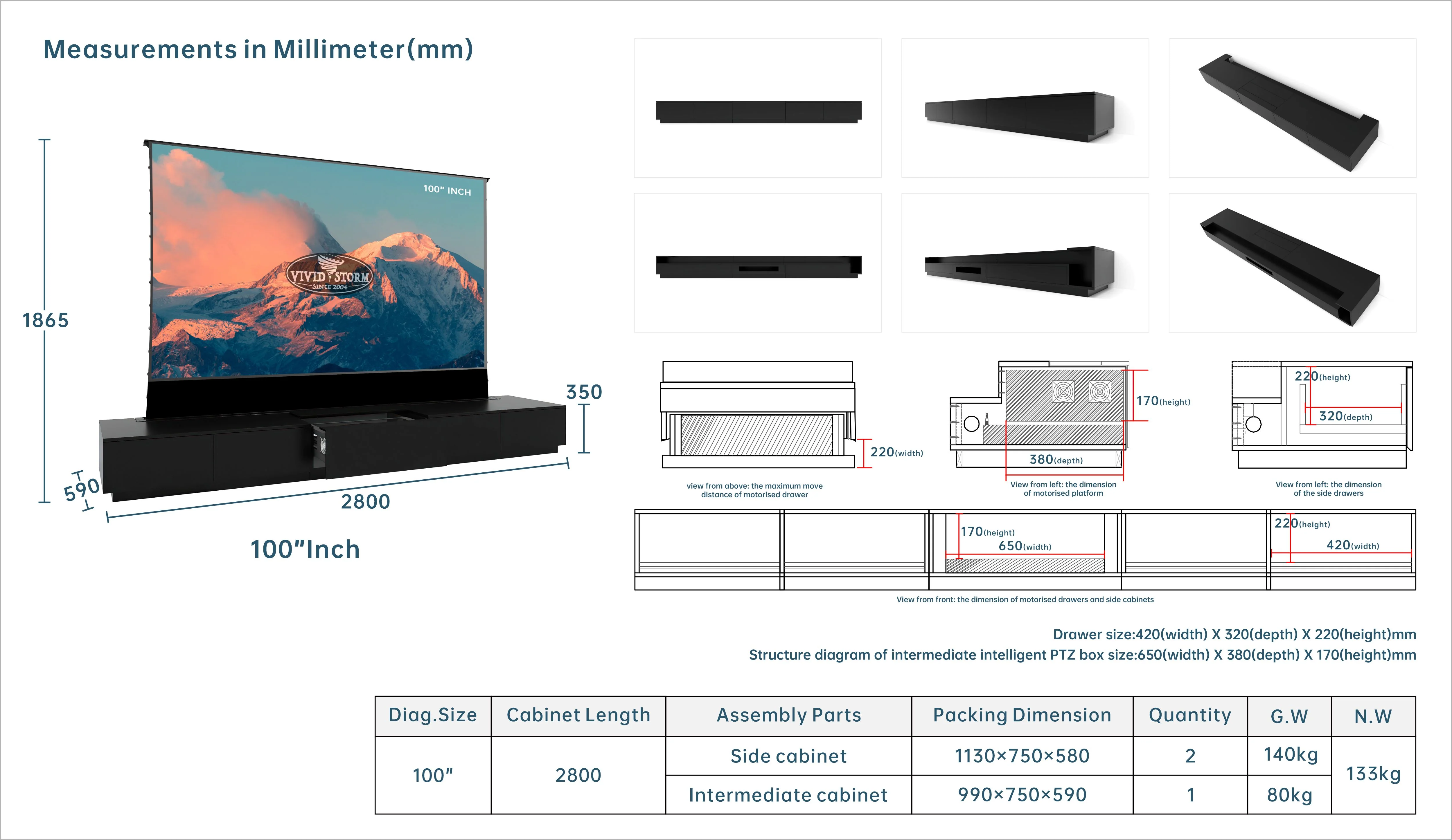 VIVIDSTORM Motorised Laser TV Cabinet Monte Carlo - 100