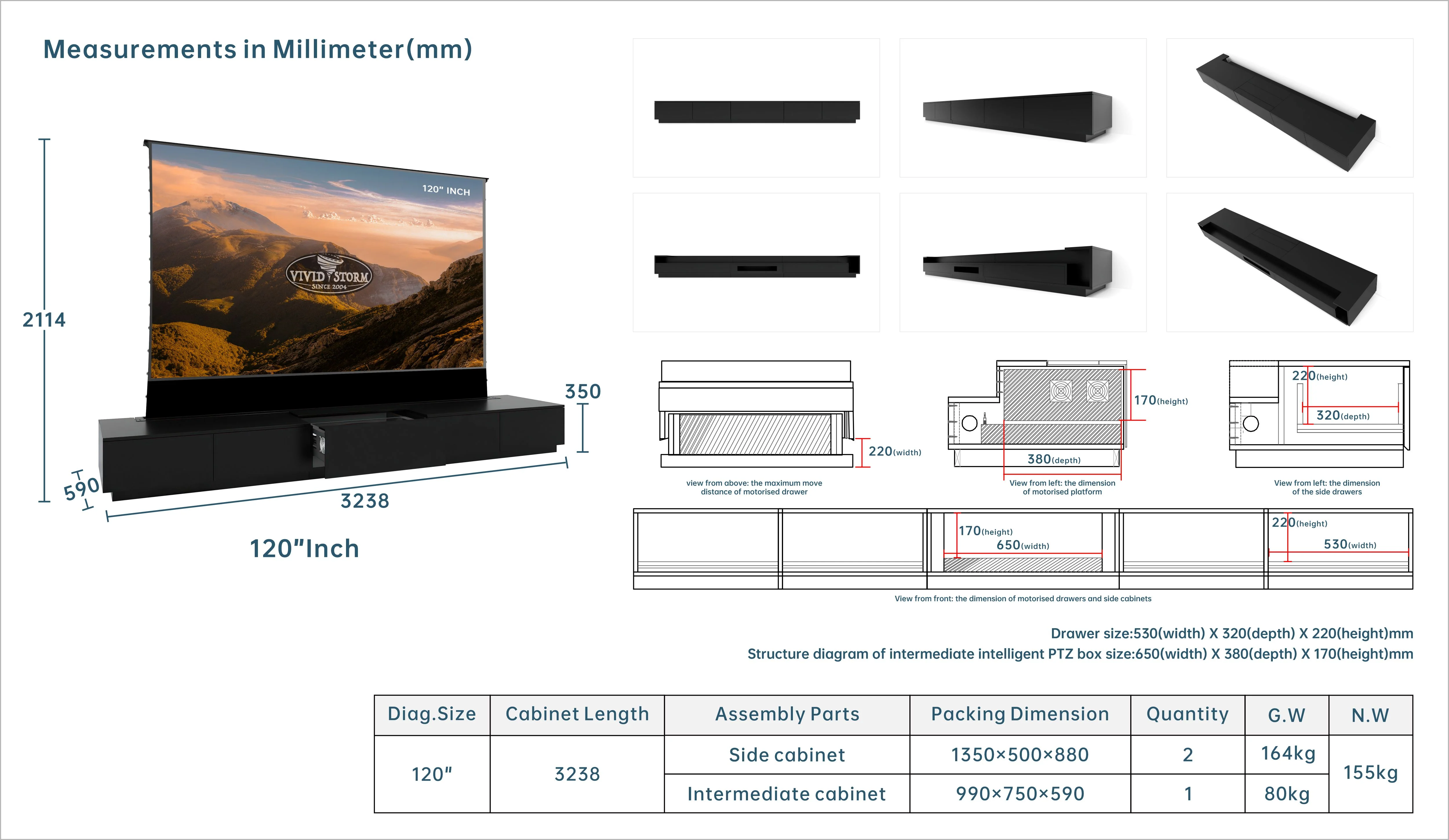 VIVIDSTORM Motorised Laser TV Cabinet Monte Carlo - 120