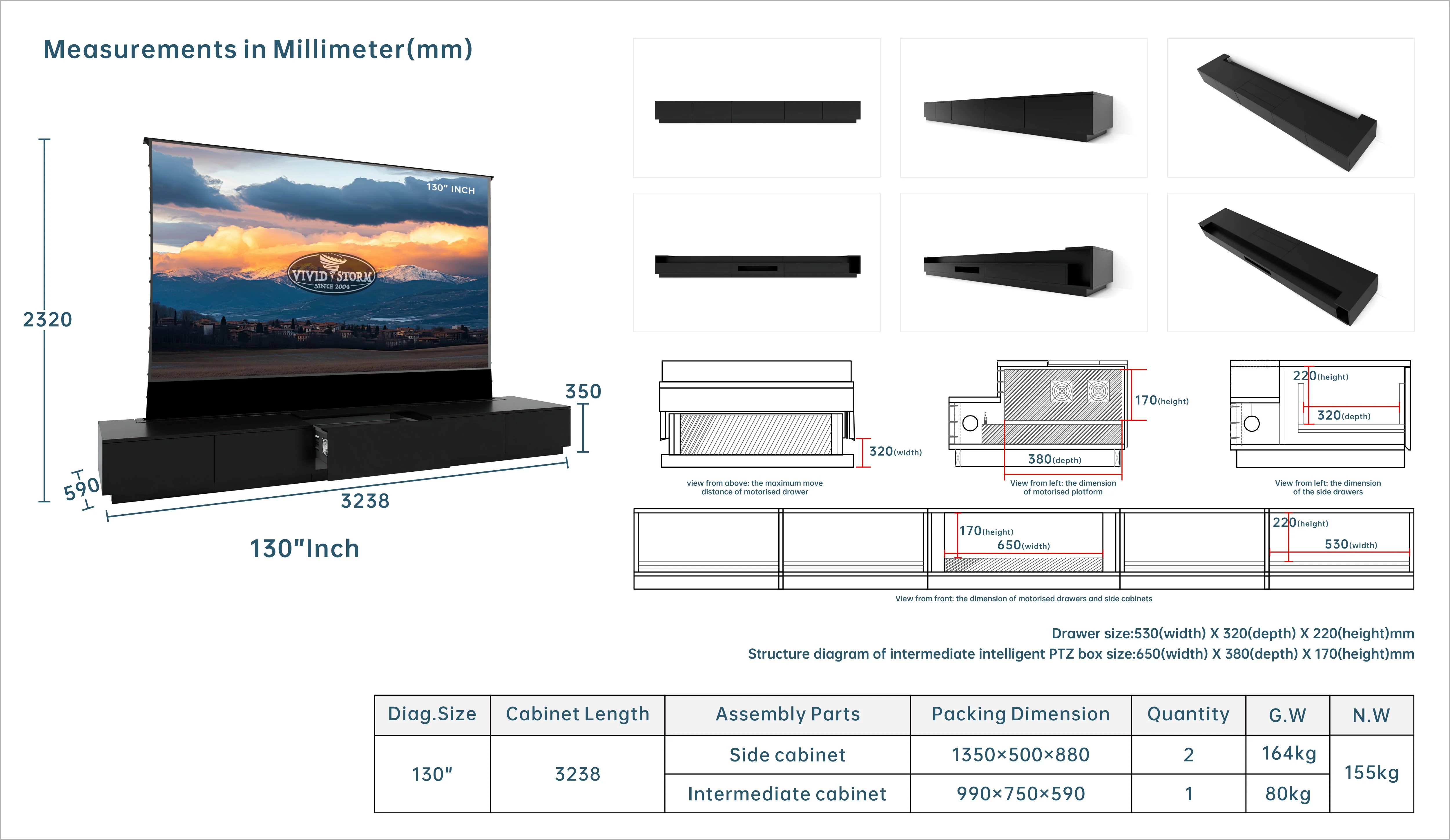 VIVIDSTORM Motorised Laser TV Cabinet Monte Carlo - 130